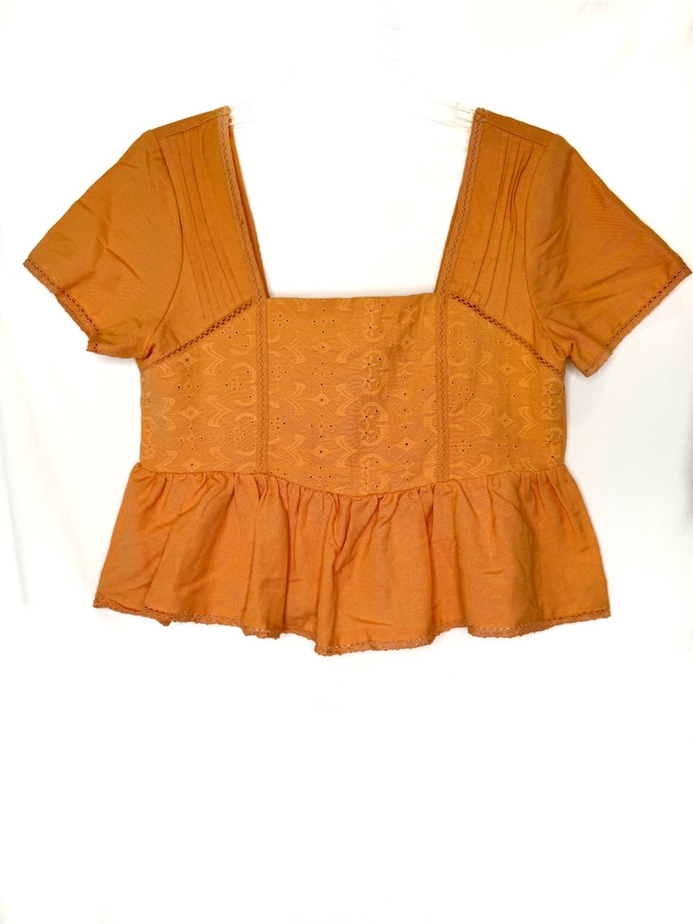 NEW-Midnight Sky Women’s LinenBlend Square Neck Peplum Smocked Back Coral orange